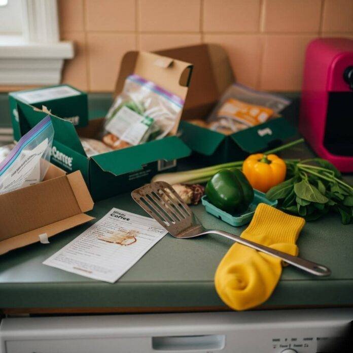 Chaotic Kitchen Counter: Unpacked Meal Kits, Spatula, and a Yellow Sock