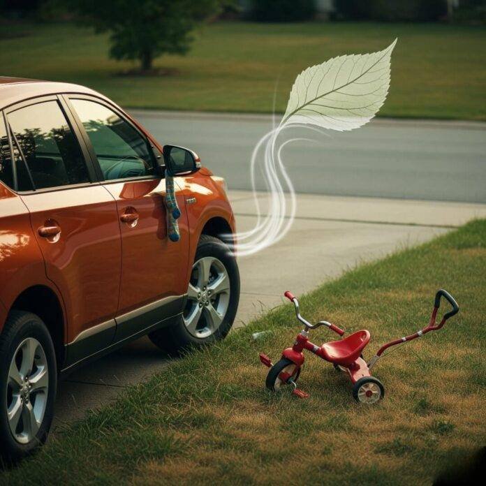 Suburban Chaos: Hybrid SUV, Tricycle, and a Mismatched Sock