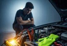Top Portable Jump Starters That Will Save You in a Pinch Car Battery Woes: Jump Starter, Annoyed Driver, and Neon Mitten in the Rain