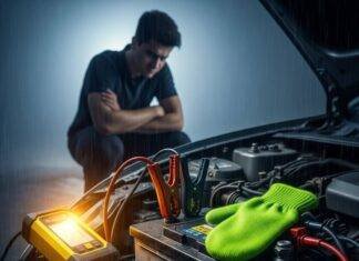 Top Portable Jump Starters That Will Save You in a Pinch Car Battery Woes: Jump Starter, Annoyed Driver, and Neon Mitten in the Rain