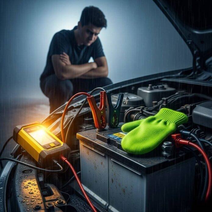 Car Battery Woes: Jump Starter, Annoyed Driver, and Neon Mitten in the Rain