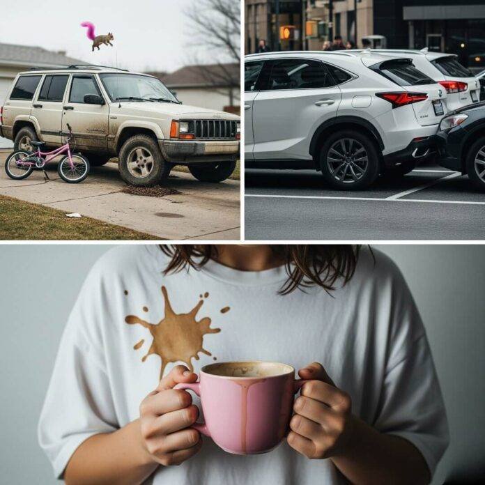 Muddy SUV, Clumsy Parking, Coffee Spill - A Wry Take on Life's Messy Moments