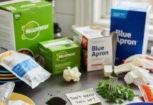 HelloFresh vs Blue Apron: Which Meal Kit Reigns Supreme? Chaotic Brooklyn Kitchen Counter with HelloFresh and Blue Apron Meal Kits