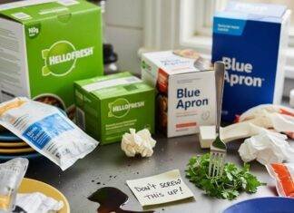 HelloFresh vs Blue Apron: Which Meal Kit Reigns Supreme? Chaotic Brooklyn Kitchen Counter with HelloFresh and Blue Apron Meal Kits