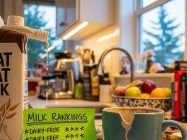 Best Non-Dairy Milk Alternatives Ranked for Taste & Nutrition Cluttered Seattle Kitchen Counter: Oat Milk Drips, Funny Cow Sticky Note, Chipped Mug