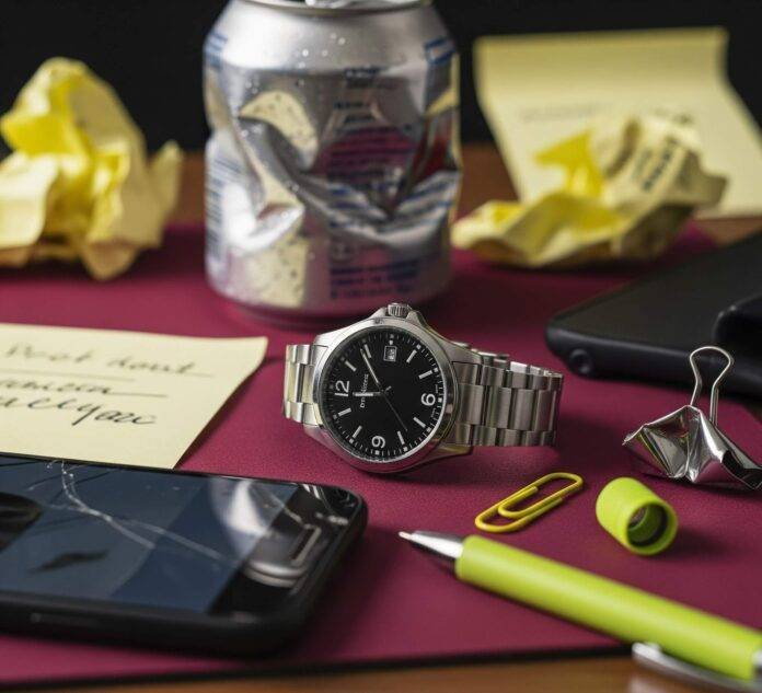 Budget Luxury Watch on a Cluttered Desk: A Real-Life View of Work-Life Balance