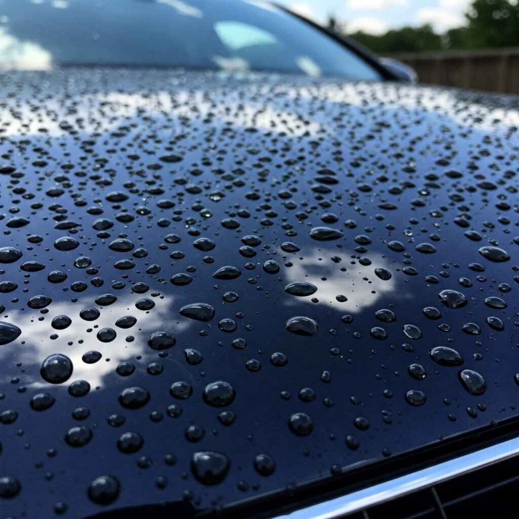 Water beads on black car hood reflecting sky.