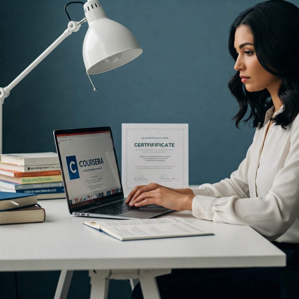 Woman studying with Coursera certificate.