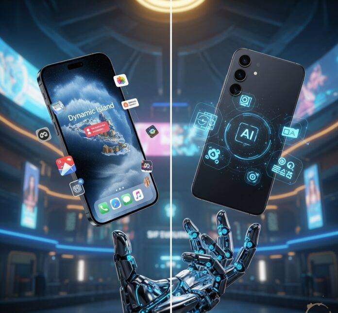 Dynamic Rivalry: iPhone 15 vs. Galaxy S24 in a Cyberpunk Showdown Dynamic Rivalry: iPhone 15 vs. Galaxy S24 in a Cyberpunk Showdown