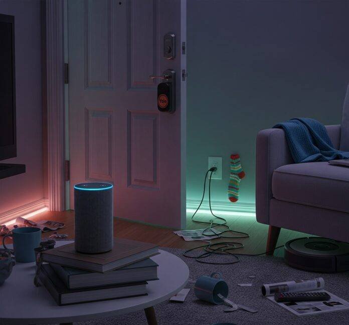 A Cluttered Living Room with Echo, Roomba, and Yale Lock