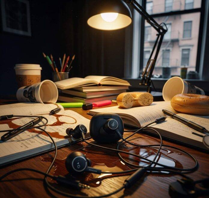 Chaotic Brooklyn Desk with Noise-Cancelling Earbuds