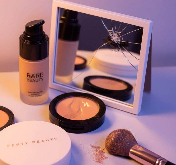 Messy Vanity Makeup: Rare Beauty, Fenty, and a Cracked Mirror Messy Vanity Makeup: Rare Beauty, Fenty, and a Cracked Mirror