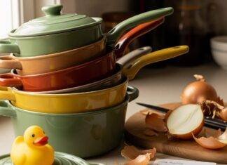 Best Non-Toxic Cookware Brands for Healthier Cooking in 2025 Chaotic Kitchen Counter: A High-Resolution Photo of Pans, Onions, and a Rubber Duck