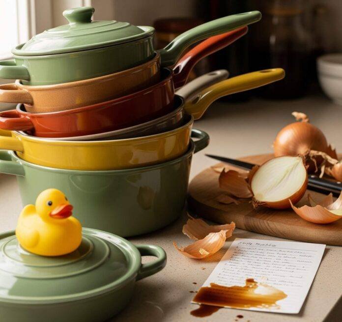 Chaotic Kitchen Counter: A High-Resolution Photo of Pans, Onions, and a Rubber Duck