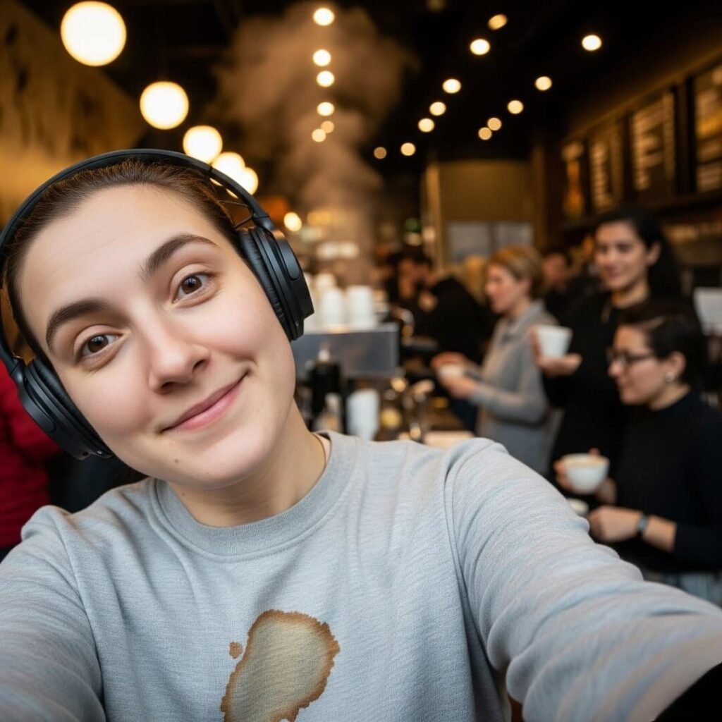 Coffee Shop Selfie: Student Life with Headphones