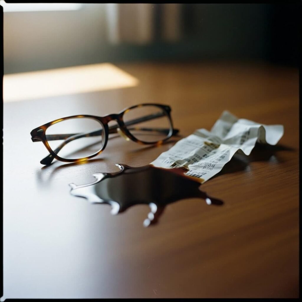 Spilled Coffee: Crumpled Receipt and Glasses on a Desk