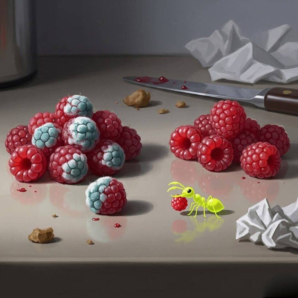 Kitchen Counter Chaos: A Digital Painting of Moldy Raspberries & a Neon Ant
