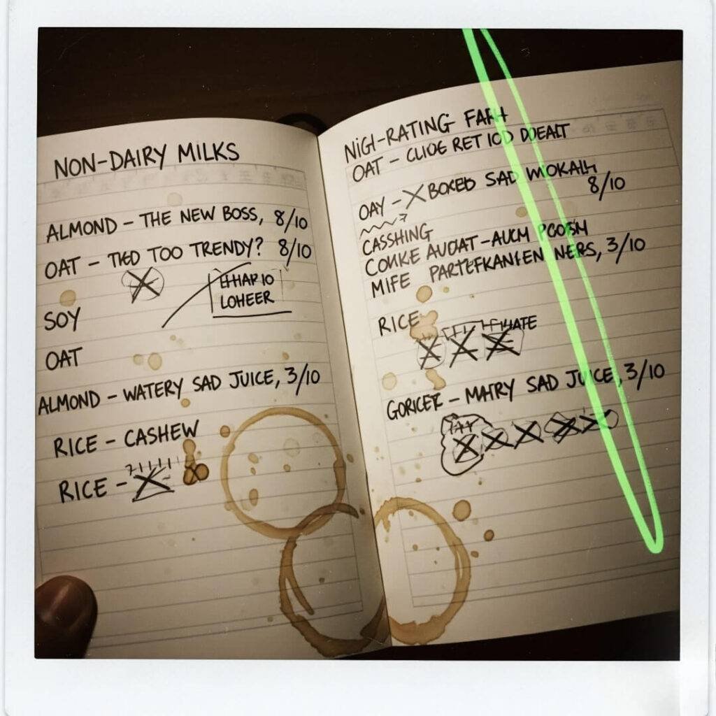 Non-Dairy Milk Rankings: Coffee-Stained Notebook, Janky Photo, Polaroid Style