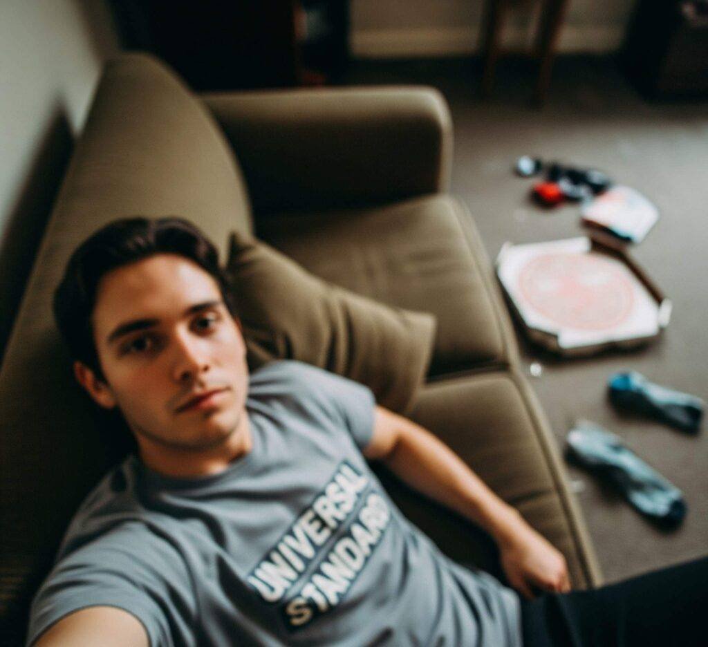 An Authentic and Relatable Selfie of a Person Relaxing in a Universal Standard Tee
