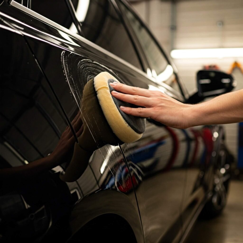 Hand waxing black car door