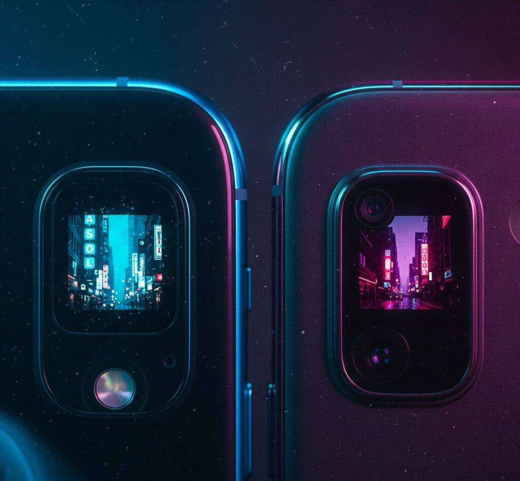 Camera Clash: iPhone 15 vs. Galaxy S24 Lenses in a Gritty, Neon City