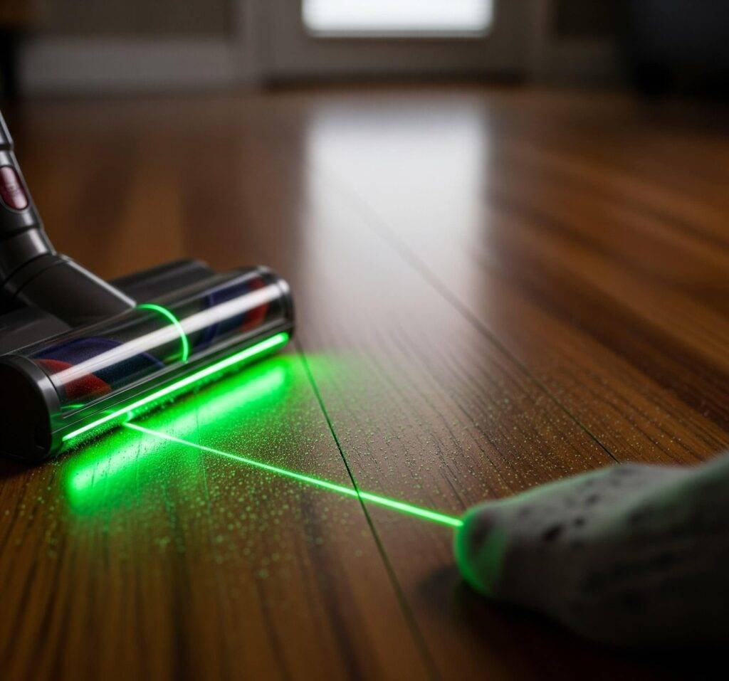 Dyson V15 Laser Reveals Dust on Hardwood Floors