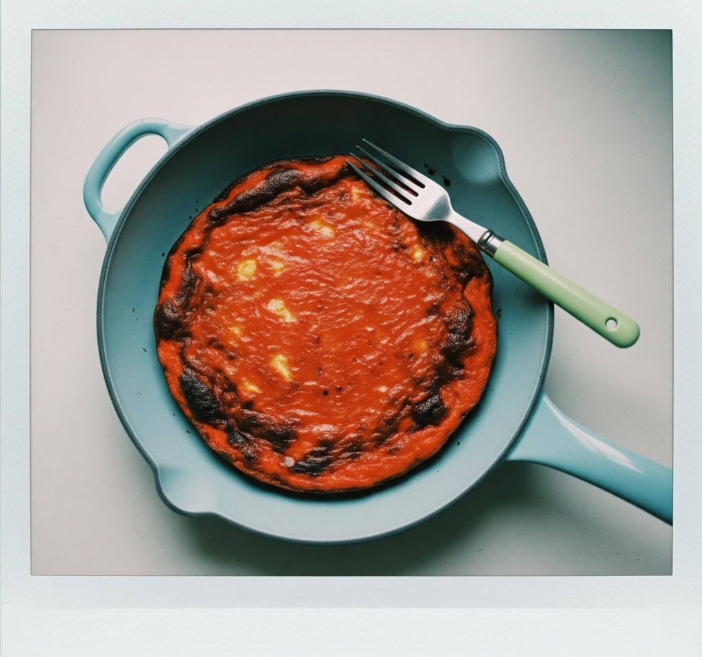 Burnt Frittata in a Caraway Skillet: A Wryly Humorous Vintage Photo