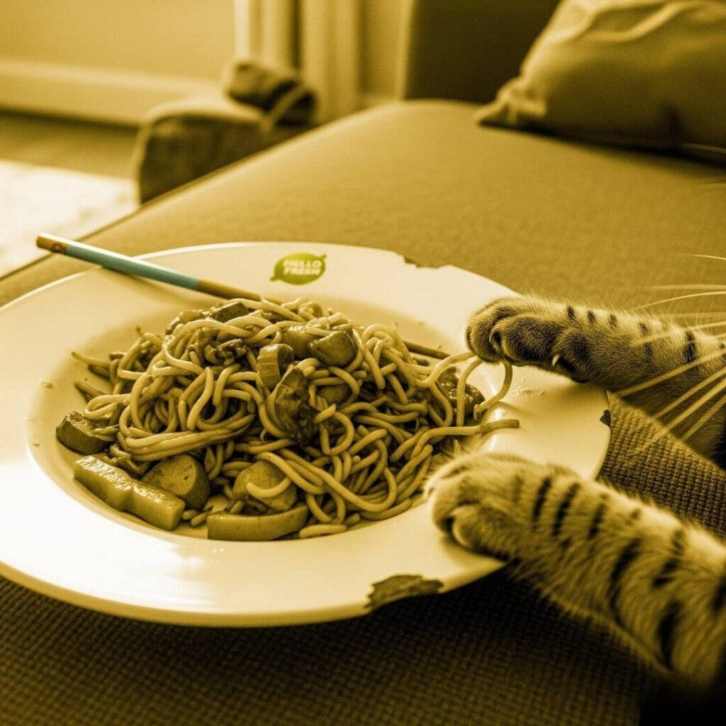 Vintage Photo of HelloFresh Stir-Fry: Pickles' Paw Steals a Noodle
