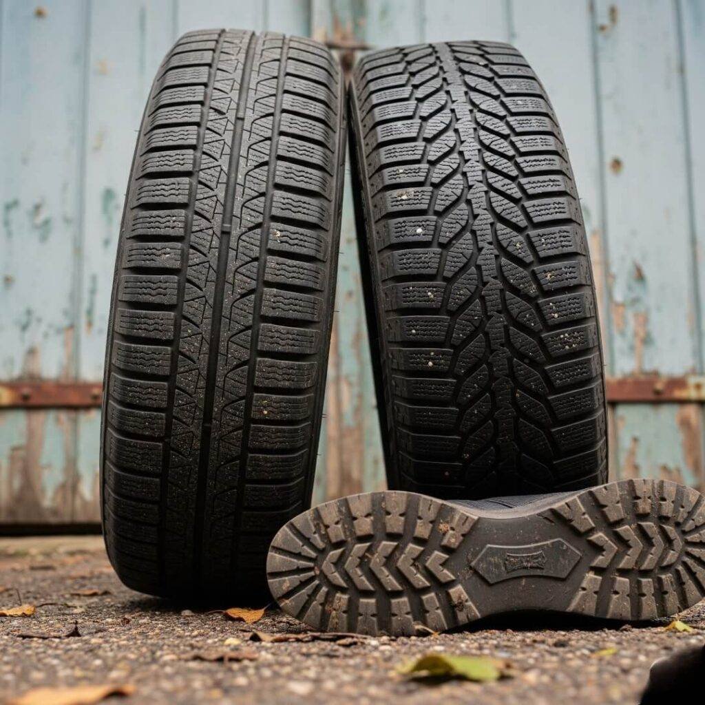 All-season and winter tires with muddy boots in garage