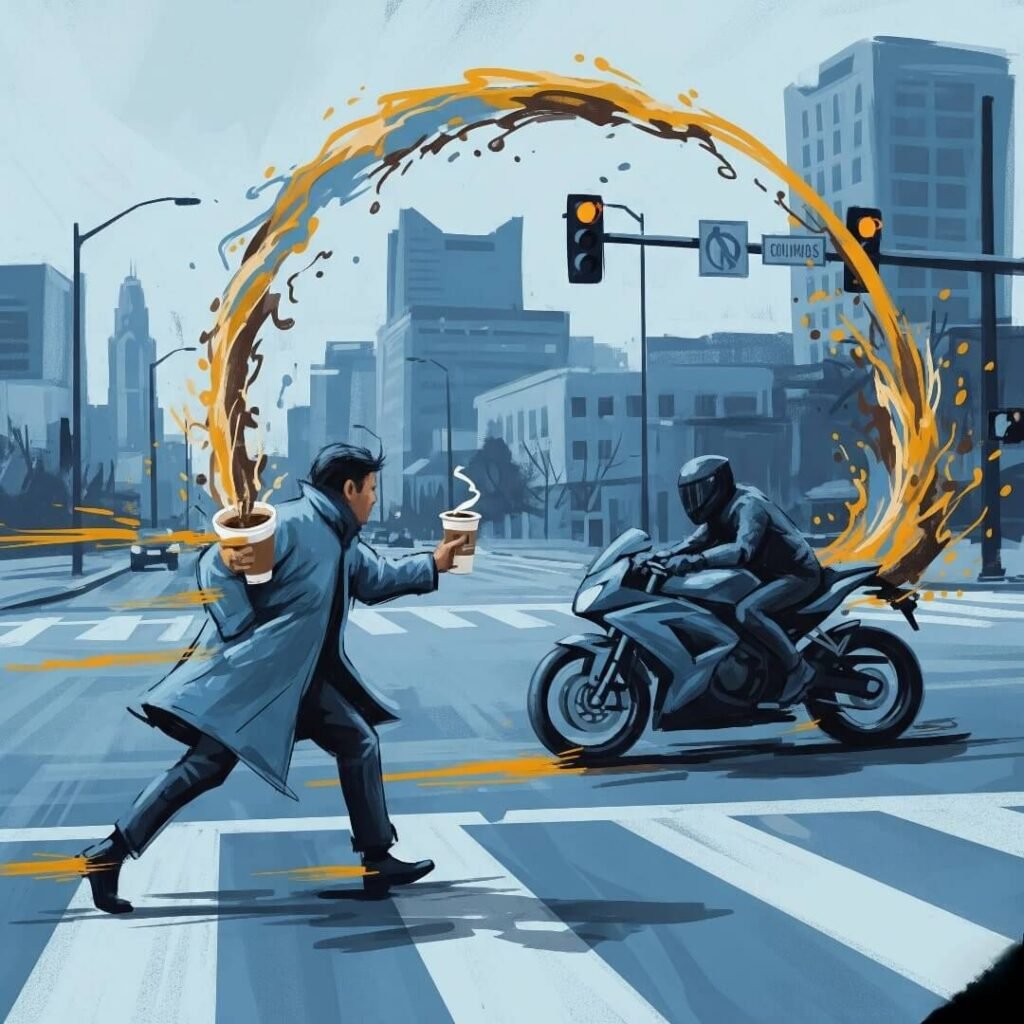 Impressionistic Columbus Chaos - Biker Dodge and Coffee Spills