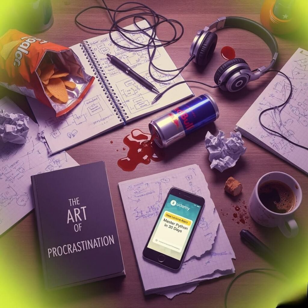 The Udemy Mess: A Student's Chaotic Desk with Spilled Red Bull