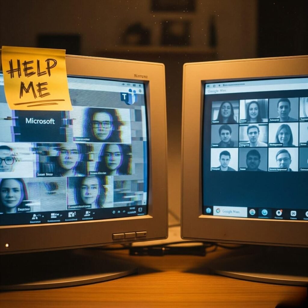 Dual Monitor Misery: A Glitchy Teams and Google Meet Photo
