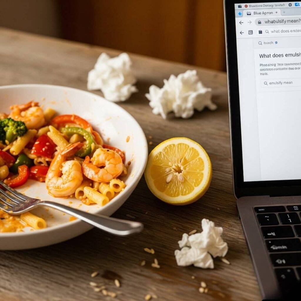 Blue Apron Shrimp Dish and a Laptop Displaying "What Does Emulsify Mean?"