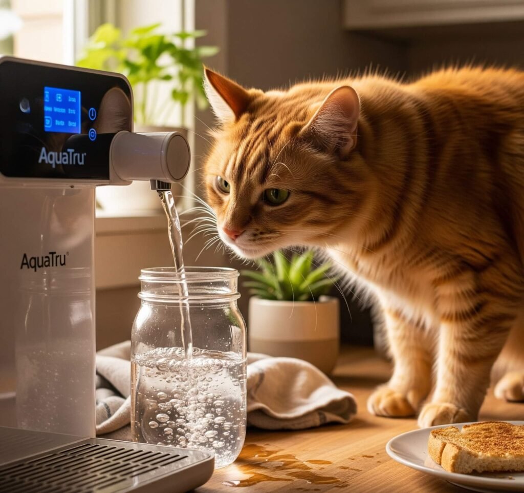 Cozy AquaTru Filter Scene: Cat Sniffing Water