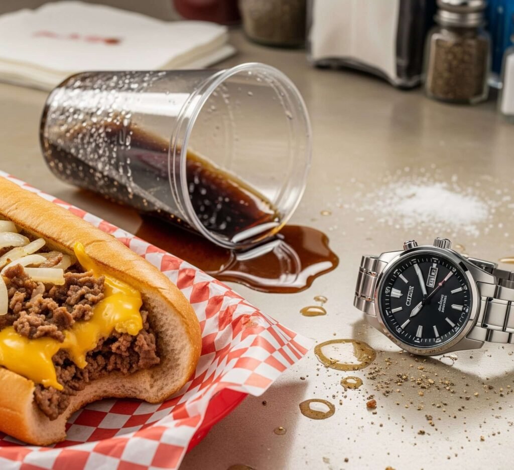 Citizen Eco-Drive on a Sticky Diner Counter: A Close-Up of Casual Wear and Diner Food