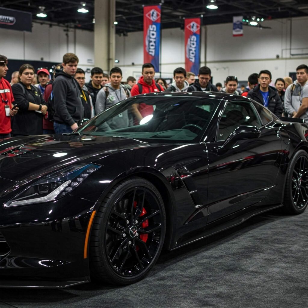 Black Corvette at car show reflecting lights.