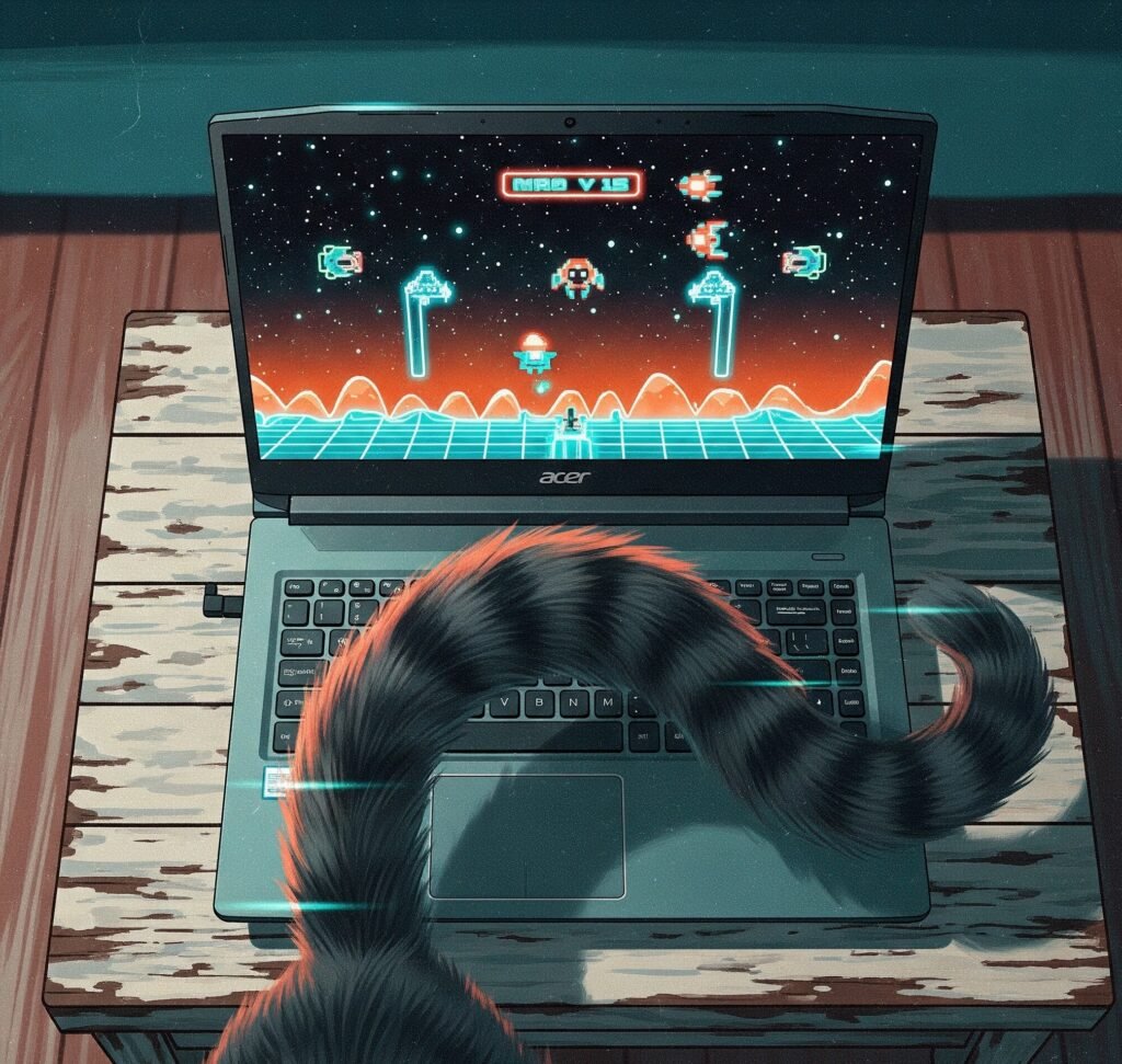 Acer Nitro V 15 Gaming Laptop: Vintage-Style Digital Painting with Cat