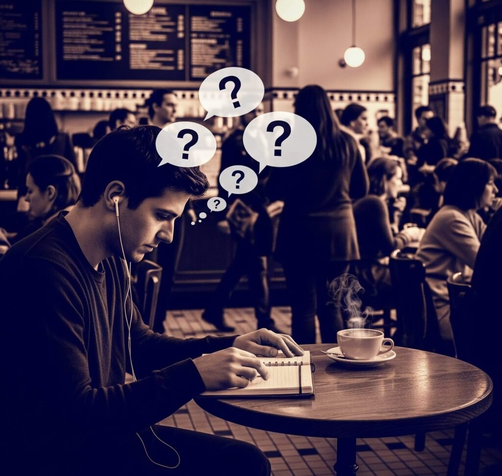 Bustling US Cafe Scene - Vintage-Inspired Image of a Person with Earbuds
