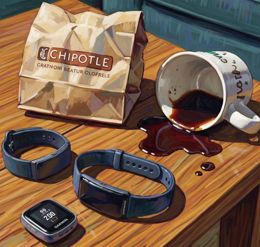Fitbit vs Garmin trackers on messy table with Chipotle bag, coffee spill
