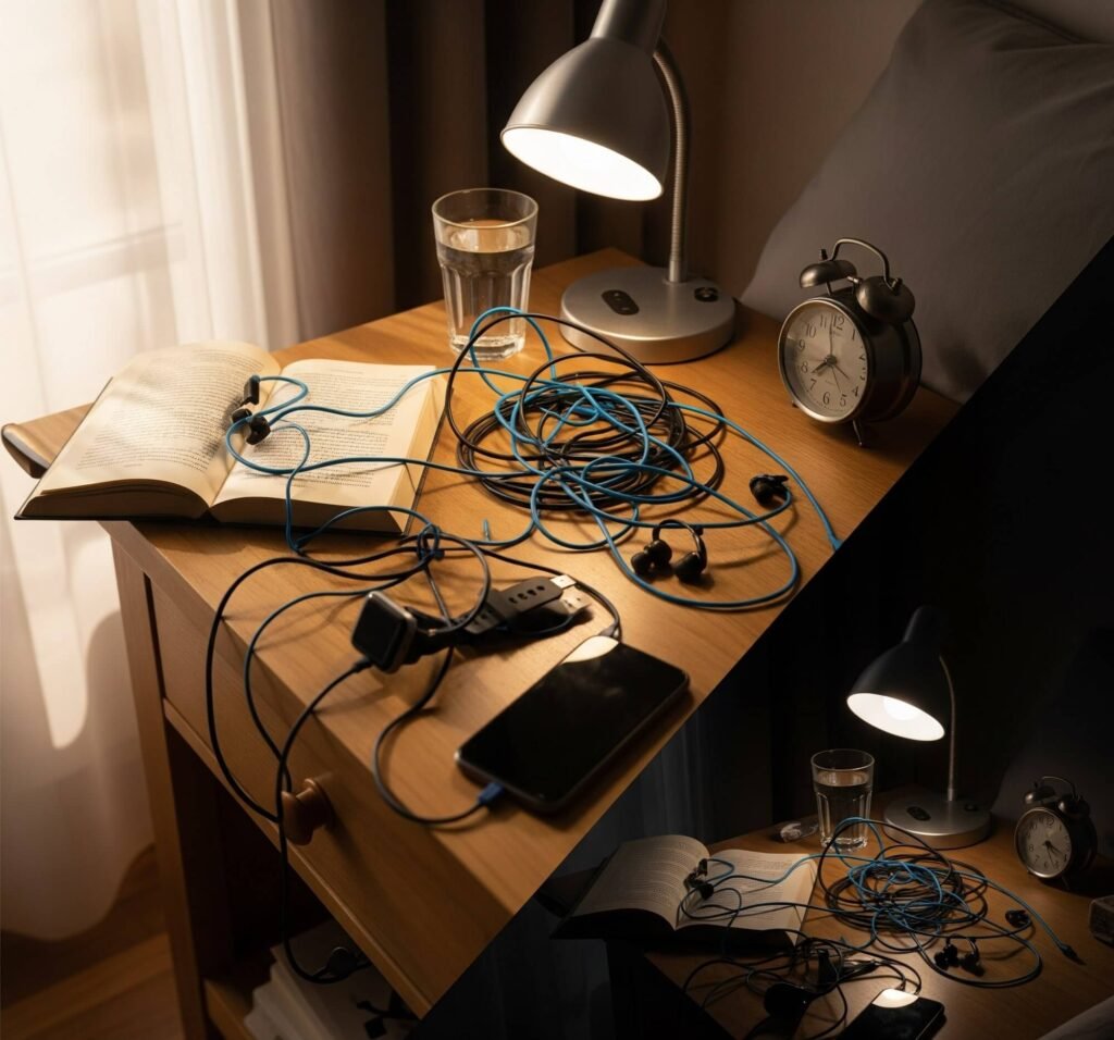 Nightstand Chaos: A Time-Lapse of Tangled Cables