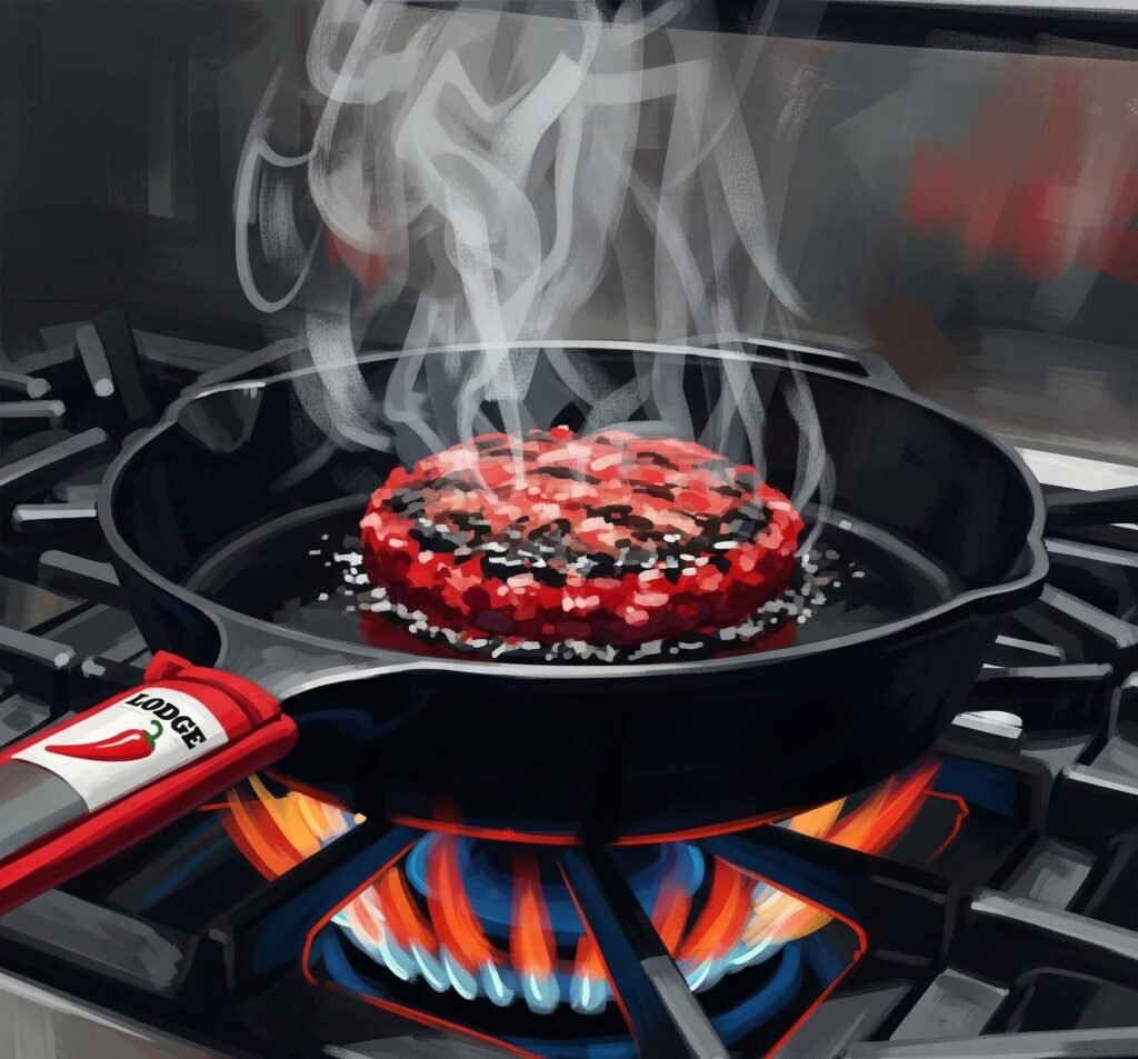 Sizzling Burger in a Cast-Iron Skillet: An Impressionistic Digital Painting
