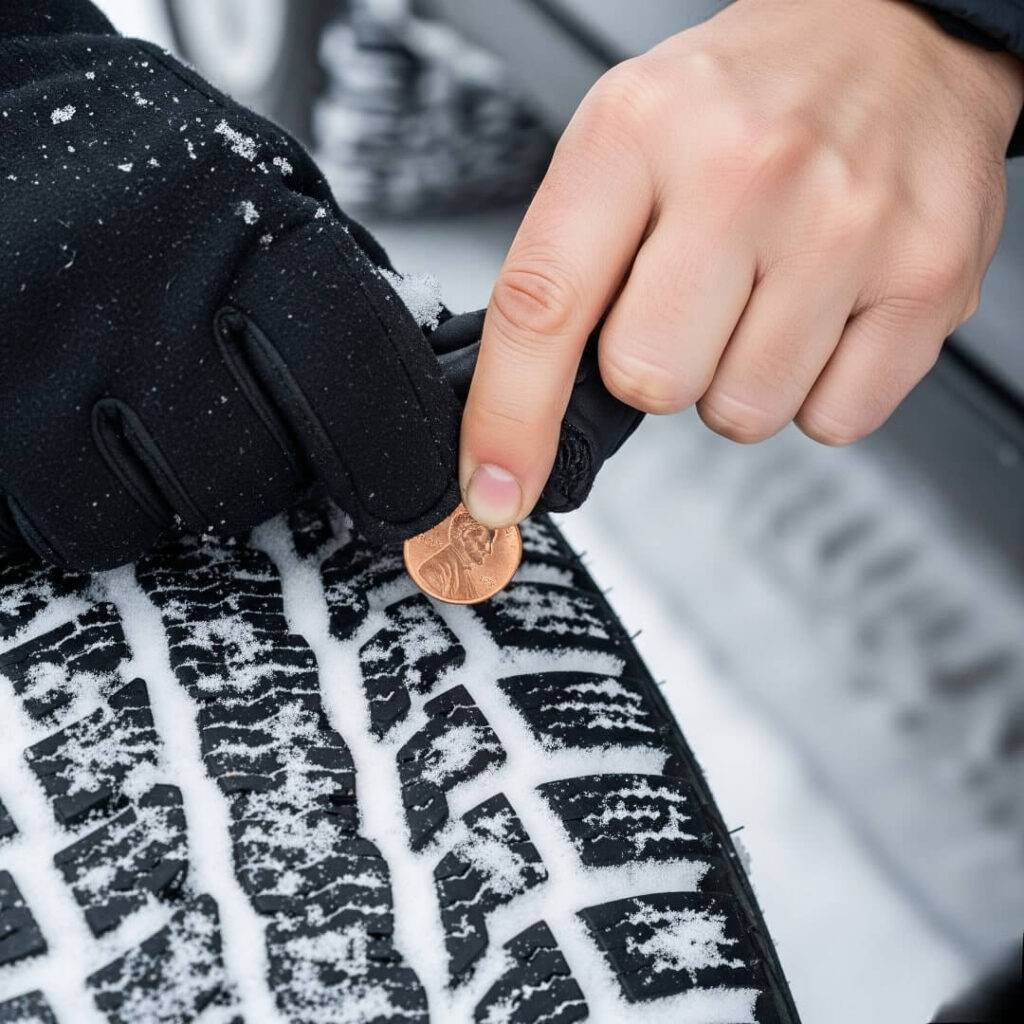 Penny test tire tread check in a blizzard with gloved hand