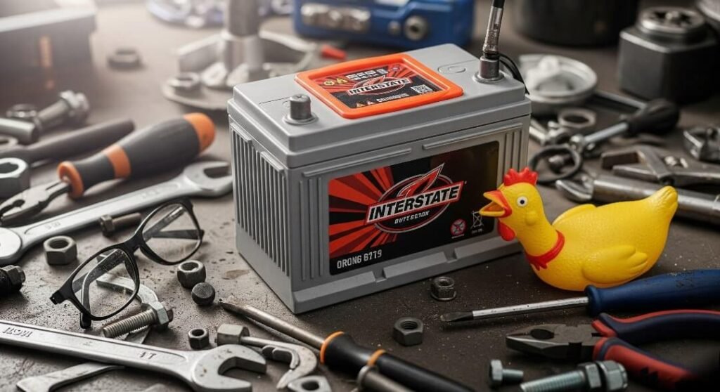 Interstate Battery on a Workbench with a Rubber Chicken