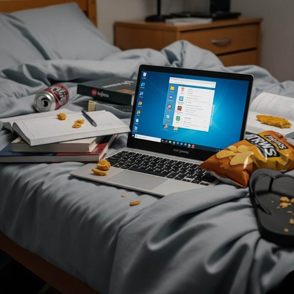 Dorm Life and Mess: An Acer Gateway Chromebook Buried in a Disorganized Room