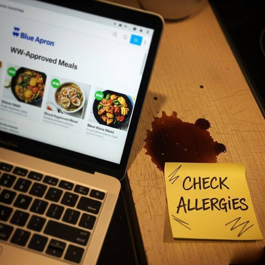 Laptop Showing Blue Apron WW-Approved Menu with a Coffee Stain and Allergy Note