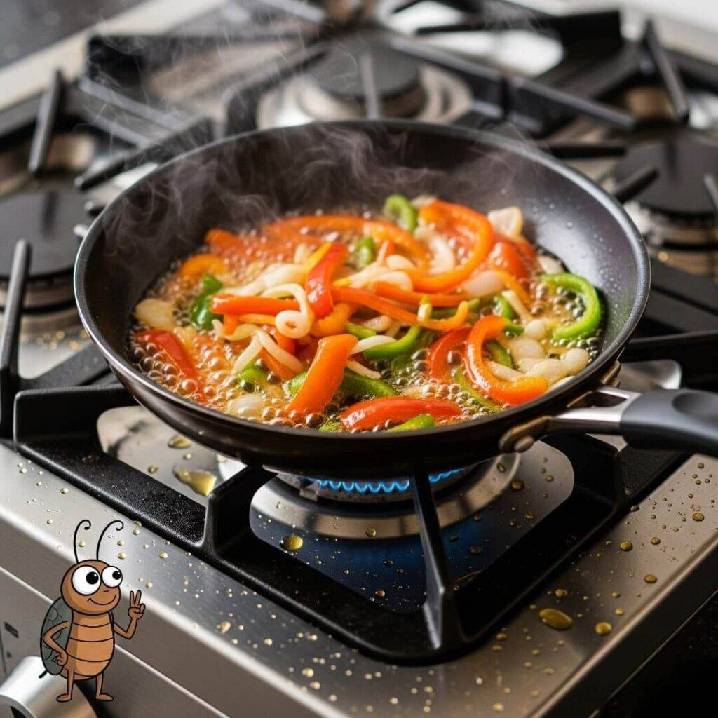 Stir-Fry Sizzle: A Wry Image of Peppers, Onions, and a Bug