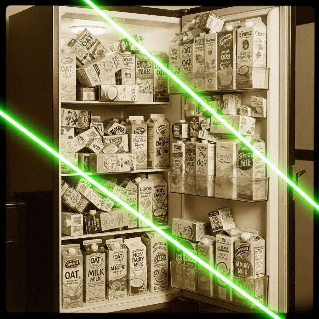 A Vintage-Style Fridge: Crammed with Non-Dairy Milk Cartons, Sepia and Neon
