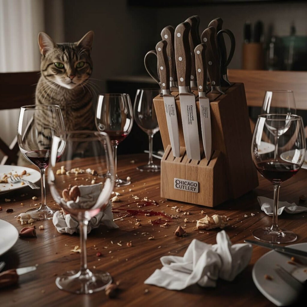 Chaotic Dinner Party Aftermath: My Cat vs. Chicago Cutlery