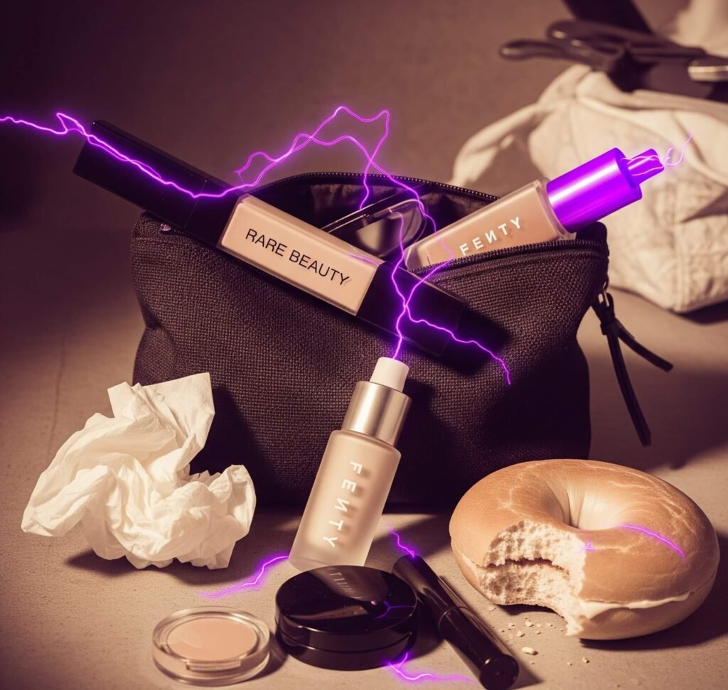 Messy Makeup Bag: Rare Beauty & Fenty Foundation with a Bagel