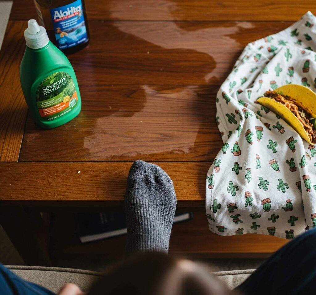 The Exhausted Clean-up: A Coffee Table with Seventh Generation, a Taco, and a Sock